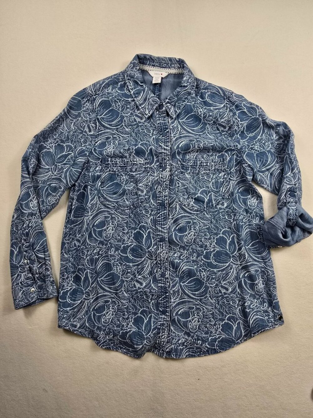 Intro Petite PM Medium Floral Button-Up Denim Shirt Blue